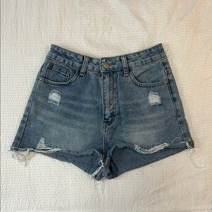 SHEIN Medium Blue Distressed High-Waisted Jean Shorts